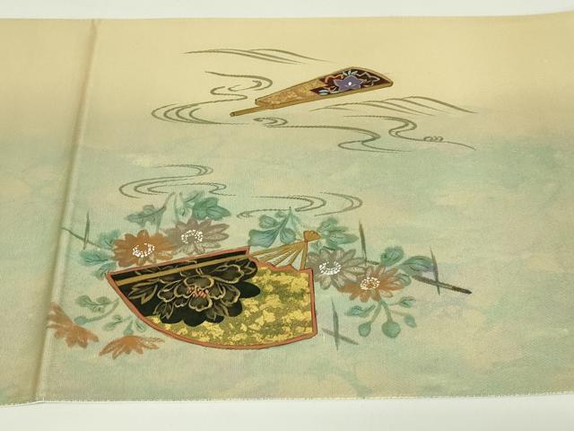 平和屋着物◎六通柄袋帯　手描き　扇面飛鶴花文　金彩　正絹　逸品　DAAT8509qp
