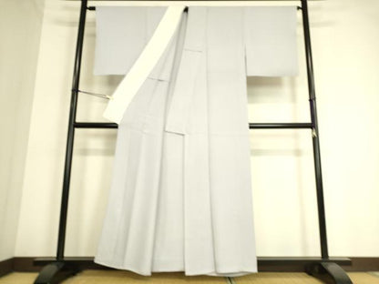 平和屋着物▽上質な色無地　単衣　よろけ縞地紋　白菫色　正絹　逸品　DAAT9126az