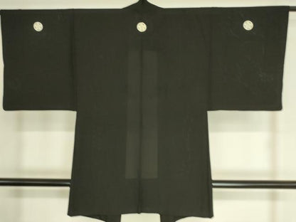平和屋着物▽男性 黒紋付長羽織 スリーシーズン 春夏秋 塵除け 絽 正絹 逸品 DAAT9158az