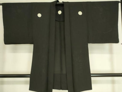 平和屋着物▽男性 黒紋付長羽織 スリーシーズン 春夏秋 塵除け 絽 正絹 逸品 DAAT9158az