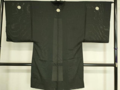平和屋着物▽男性 黒紋付長羽織 スリーシーズン 春夏秋 塵除け 絽 正絹 逸品 DAAT9159az