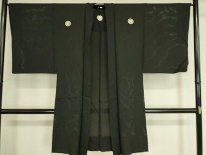平和屋着物▽男性 黒紋付長羽織 スリーシーズン 春夏秋 塵除け 絽 正絹 逸品 DAAT9159az