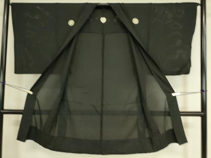 平和屋着物▽男性 黒紋付長羽織 スリーシーズン 春夏秋 塵除け 絽 正絹 逸品 DAAT9159az