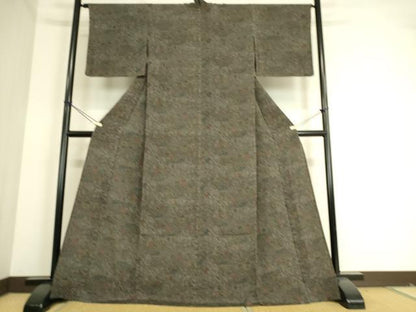平和屋着物▽上質な小紋　単衣　型染め　菊楓文　鬼しぼ縮緬　正絹　逸品　DAAT9178az