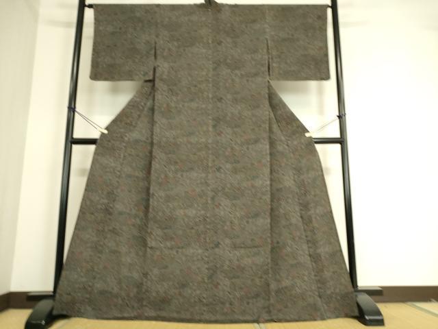 平和屋着物▽上質な小紋　単衣　型染め　菊楓文　鬼しぼ縮緬　正絹　逸品　DAAT9178az
