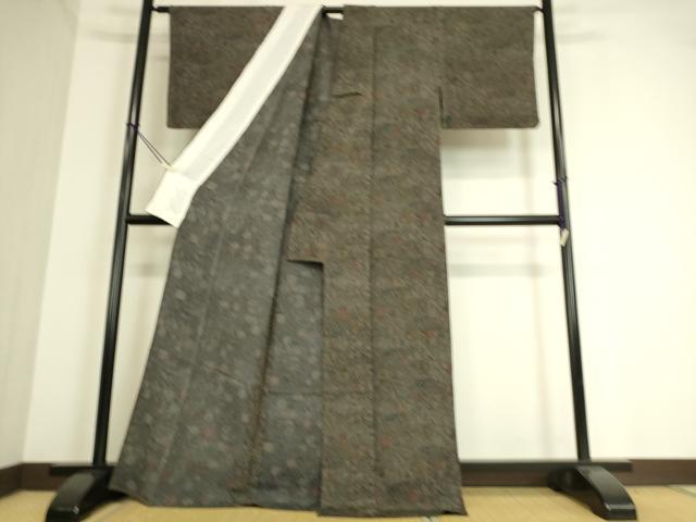 平和屋着物▽上質な小紋　単衣　型染め　菊楓文　鬼しぼ縮緬　正絹　逸品　DAAT9178az