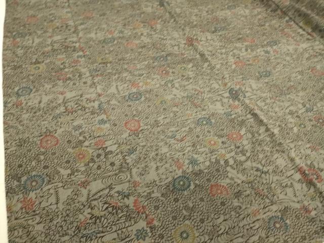 平和屋着物▽上質な小紋　単衣　型染め　菊楓文　鬼しぼ縮緬　正絹　逸品　DAAT9178az