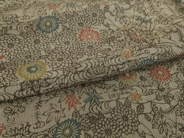 平和屋着物▽上質な小紋　単衣　型染め　菊楓文　鬼しぼ縮緬　正絹　逸品　DAAT9178az