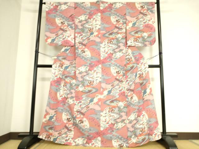 平和屋着物▽上質な小紋　単衣　地紙御所車花文　金彩　鬼しぼ縮緬　正絹　逸品　DAAT9187az