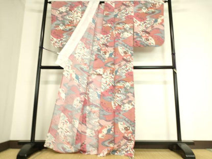 平和屋着物▽上質な小紋　単衣　地紙御所車花文　金彩　鬼しぼ縮緬　正絹　逸品　DAAT9187az