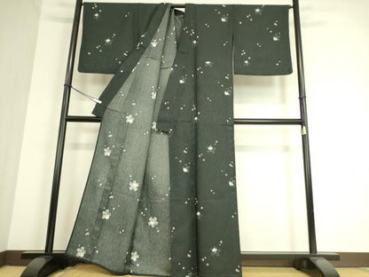 平和屋着物▽小紋 単衣 駒に舞花文 黒地 洗える着物 DAAT9192az