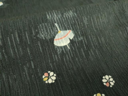 平和屋着物▽小紋 単衣 駒に舞花文 黒地 洗える着物 DAAT9192az