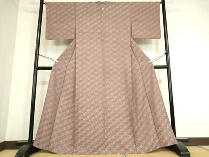 平和屋着物▽上質なお召 色無地 単衣 毘沙門亀甲地紋 梅染色 正絹 逸品 DAAT9214az