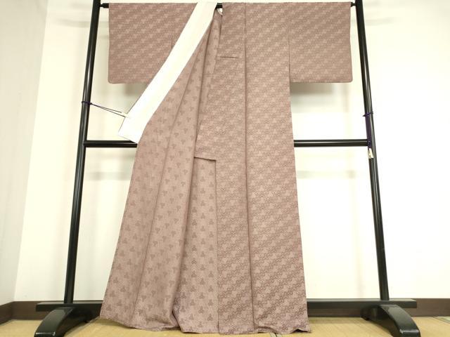 平和屋着物▽上質なお召 色無地 単衣 毘沙門亀甲地紋 梅染色 正絹 逸品 DAAT9214az