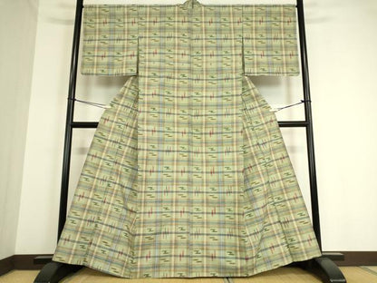 平和屋着物▽上質な紬 単衣 絣格子文 正絹 逸品 DAAT9219az