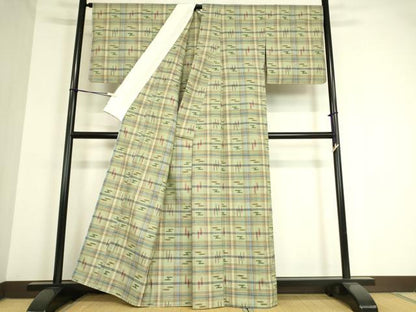 平和屋着物▽上質な紬 単衣 絣格子文 正絹 逸品 DAAT9219az