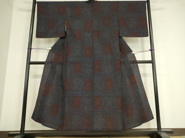 平和屋着物▽上質な紬 単衣 格子更紗花文 正絹 逸品 DAAT9220az