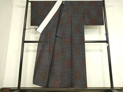 平和屋着物▽上質な紬 単衣 格子更紗花文 正絹 逸品 DAAT9220az
