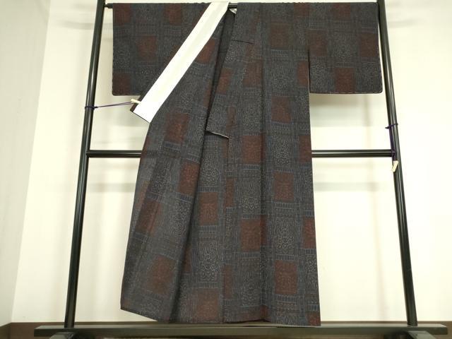 平和屋着物▽上質な紬 単衣 格子更紗花文 正絹 逸品 DAAT9220az