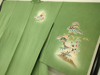 平和屋着物▽訪問着 単衣 雉 松竹梅 暈し染め 金彩 正絹 逸品 DAAT9236az