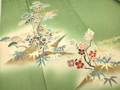 平和屋着物▽訪問着 単衣 雉 松竹梅 暈し染め 金彩 正絹 逸品 DAAT9236az