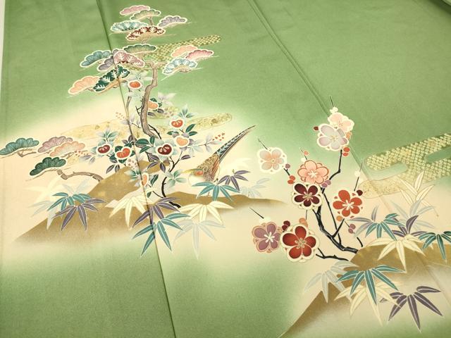 平和屋着物▽訪問着 単衣 雉 松竹梅 暈し染め 金彩 正絹 逸品 DAAT9236az