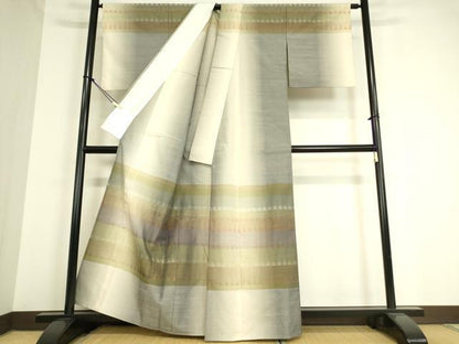 平和屋着物▽訪問着 単衣 紬地 花織 横段文 正絹 逸品 DAAT9248az