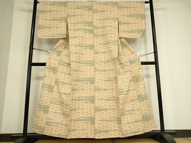 平和屋着物▽上質な紬　単衣　霞麻の葉文　正絹　逸品　DAAT9249az
