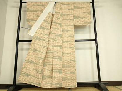 平和屋着物▽上質な紬　単衣　霞麻の葉文　正絹　逸品　DAAT9249az