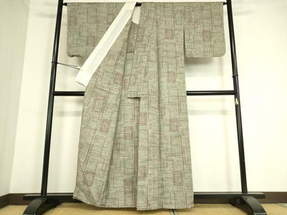 平和屋着物▽上質な紬 単衣 幾何学文 正絹 逸品 DAAT9260az
