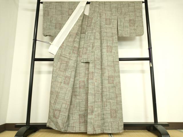 平和屋着物▽上質な紬 単衣 幾何学文 正絹 逸品 DAAT9260az