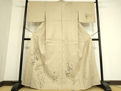 平和屋着物▽訪問着 単衣 紬地 作家物 草花文 手描き 金彩 正絹 逸品 DAAT9341az