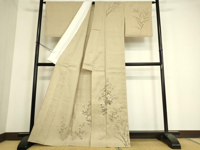 平和屋着物▽訪問着 単衣 紬地 作家物 草花文 手描き 金彩 正絹 逸品 DAAT9341az