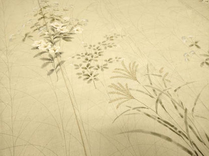 平和屋着物▽訪問着 単衣 紬地 作家物 草花文 手描き 金彩 正絹 逸品 DAAT9341az