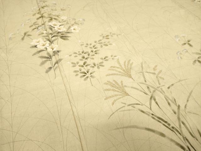 平和屋着物▽訪問着 単衣 紬地 作家物 草花文 手描き 金彩 正絹 逸品 DAAT9341az