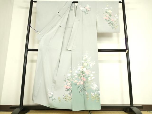 平和屋着物▽訪問着　単衣　友禅　作家物　草花文　暈し染め　反端付き　正絹　逸品　DAAT9357az