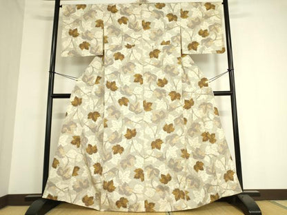 平和屋着物▽上質な紬　単衣　蔦の葉文　正絹　逸品　DAAT9362az