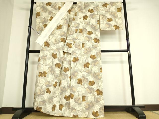 平和屋着物▽上質な紬　単衣　蔦の葉文　正絹　逸品　DAAT9362az
