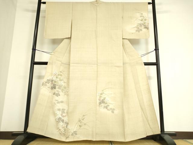 平和屋着物▽訪問着 単衣 紬地 草花文 手描き 正絹 逸品 DAAT9363az