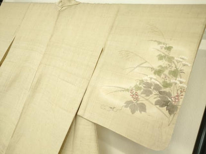 平和屋着物▽訪問着 単衣 紬地 草花文 手描き 正絹 逸品 DAAT9363az