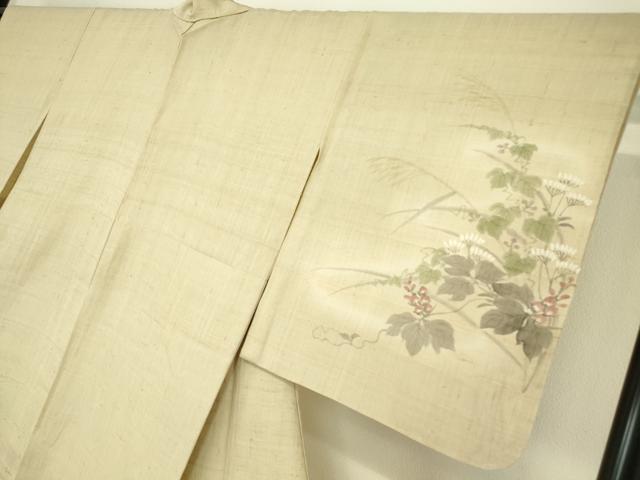 平和屋着物▽訪問着 単衣 紬地 草花文 手描き 正絹 逸品 DAAT9363az