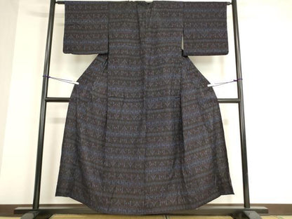 平和屋着物▽結城紬 単衣 幾何学横段文 80亀甲 正絹 逸品 DAAT9366az
