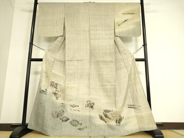平和屋着物▽訪問着 単衣 生紬 作家物 魚文 蟹 暈し染め 金彩 正絹 逸品 DAAT9368az