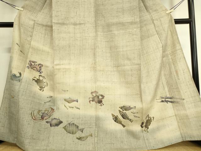 平和屋着物▽訪問着 単衣 生紬 作家物 魚文 蟹 暈し染め 金彩 正絹 逸品 DAAT9368az