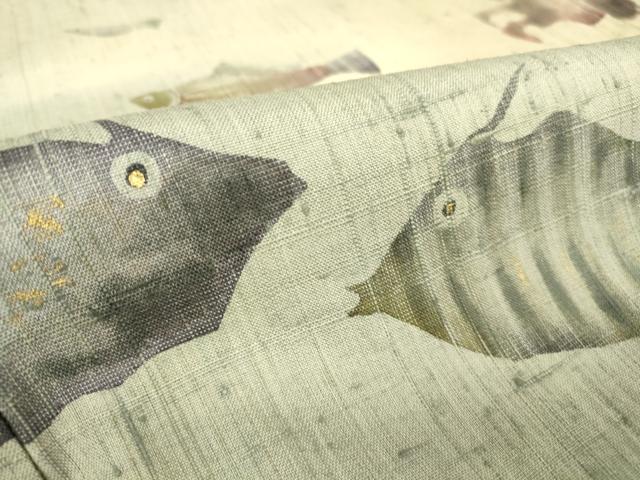平和屋着物▽訪問着 単衣 生紬 作家物 魚文 蟹 暈し染め 金彩 正絹 逸品 DAAT9368az