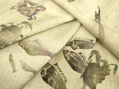 平和屋着物▽訪問着 単衣 生紬 作家物 魚文 蟹 暈し染め 金彩 正絹 逸品 DAAT9368az