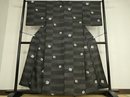平和屋着物▽小紋 単衣 色紙花文 黒地 洗える着物 DAAT9369az