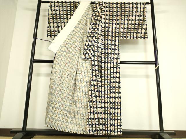 平和屋着物▽工芸着物 小紋 単衣 紬地 型染 花繋ぎ 正絹 逸品 DAAT9376az