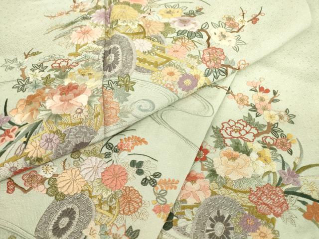 平和屋着物▽訪問着 単衣 総刺繍 花車文 金糸 正絹 逸品 DAAT9385az