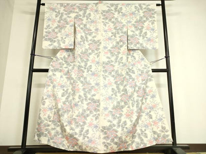 平和屋着物▽上質な紬　単衣　草花文　正絹　逸品　DAAT9393az